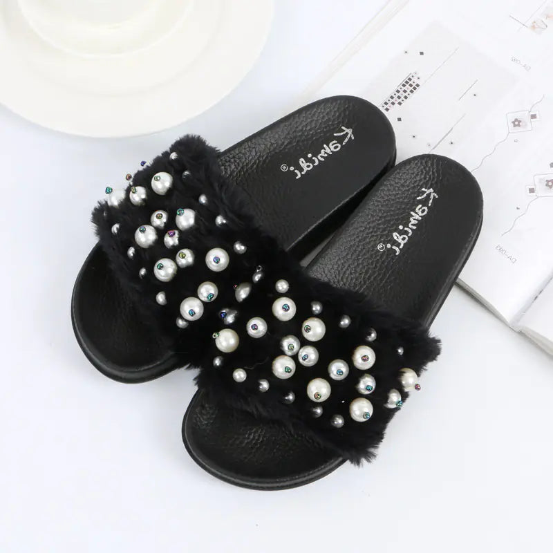 Pearl Shoes, Fur Shoes, Autumn-Winter Footwear